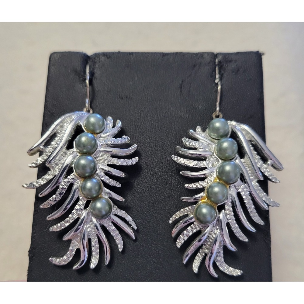 Vintage SARAH COVENTRY Gray‎ Faux Pearl Feather Fantasy Converted Hook Earrings